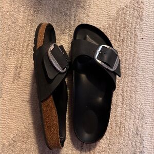 Birkenstock women Black Slides Sandals with Silver Buckle